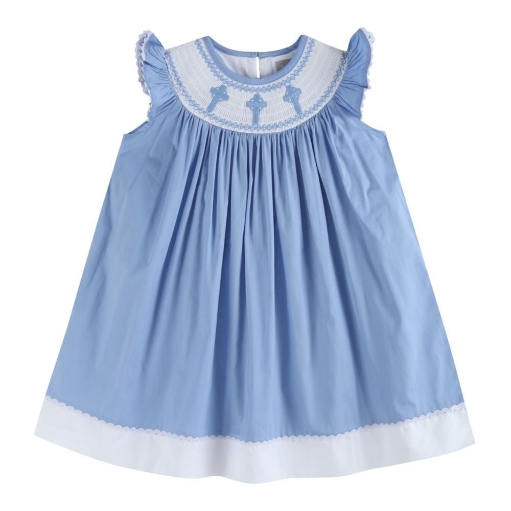 Lil Cactus Smocked Cross Dress Baby Girls 6-12M Blue White Easter Religious